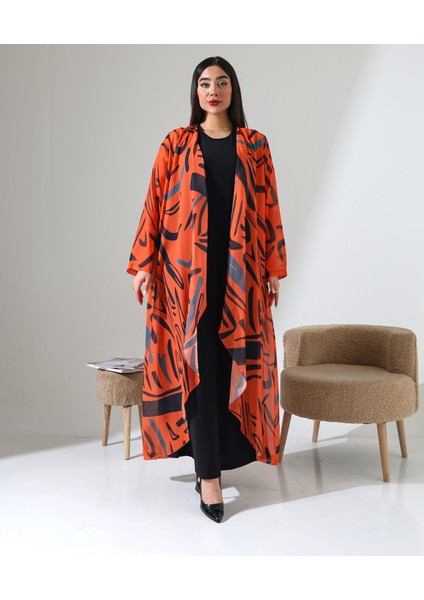 Büyük Beden Şal Yaka Desenli Şifon Hırka