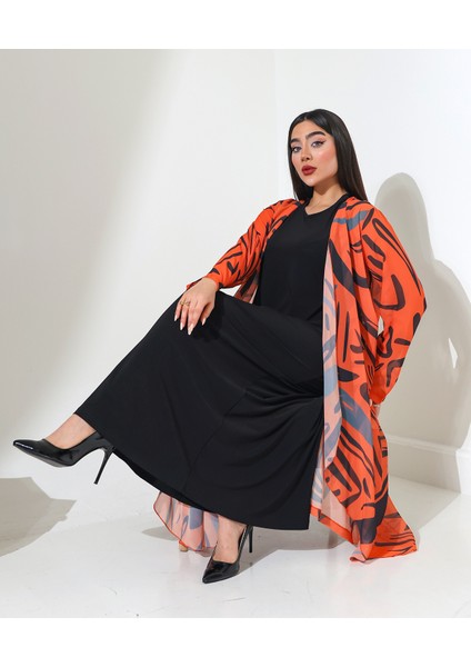 Büyük Beden Şal Yaka Desenli Şifon Hırka