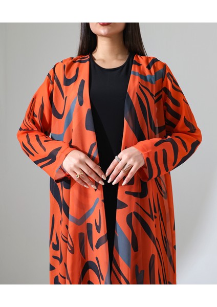 Büyük Beden Şal Yaka Desenli Şifon Hırka