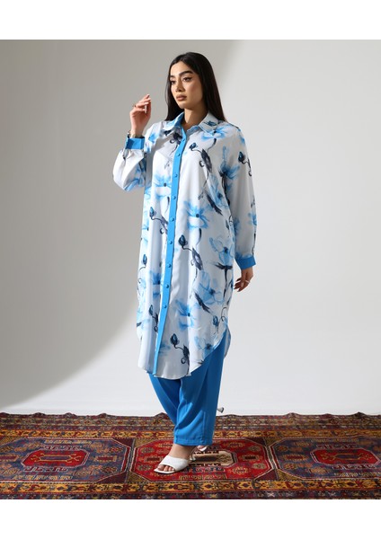 Büyük Beden Menekşe Desen Gömlek Tesettür Takım