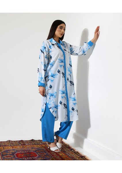 Büyük Beden Menekşe Desen Gömlek Tesettür Takım