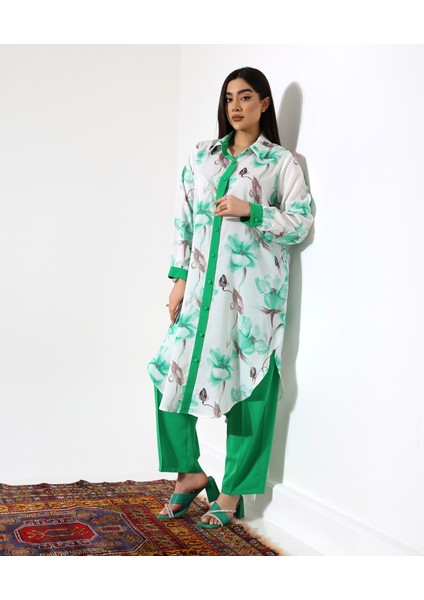 Büyük Beden Menekşe Desen Gömlek Tesettür Takım