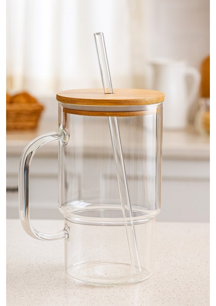 Bambu Kapaklı Cam Pipetli Mug Bardak