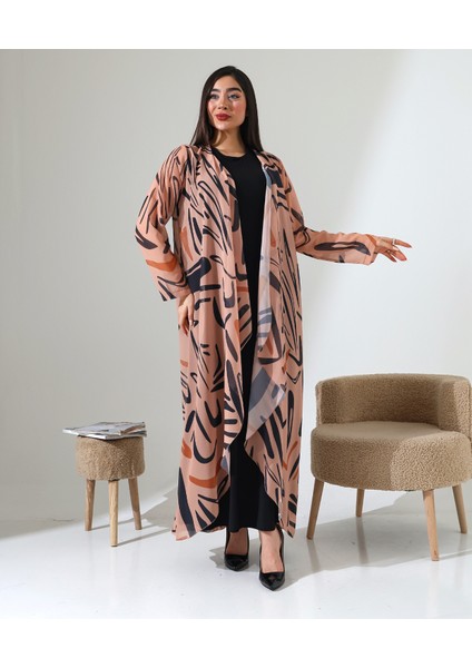 Büyük Beden Şal Yaka Desenli Şifon Hırka
