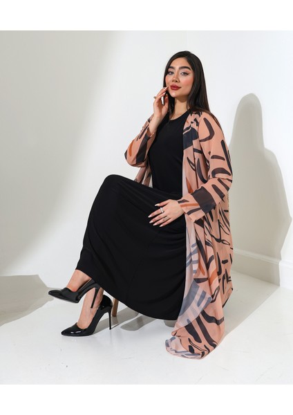 Büyük Beden Şal Yaka Desenli Şifon Hırka