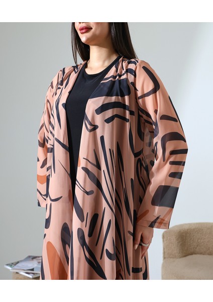 Büyük Beden Şal Yaka Desenli Şifon Hırka