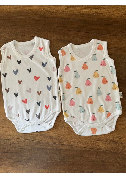 2 Adet Kolsuz Bebek Badi Body Zıbın Alttan Çıtçıtlı Bisiklet Yaka Yenidoğan Armut ve Kalp Desen