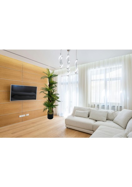 Areka Palmiye Ağacı 6 Gövde 54 Yaprak 180 cm Gold Kemerli Siyah Metal Lüks Vazoda Yapay Ağaç