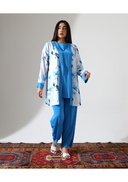 Büyük Beden Menekşe Desen Kısa Tesettür Takım