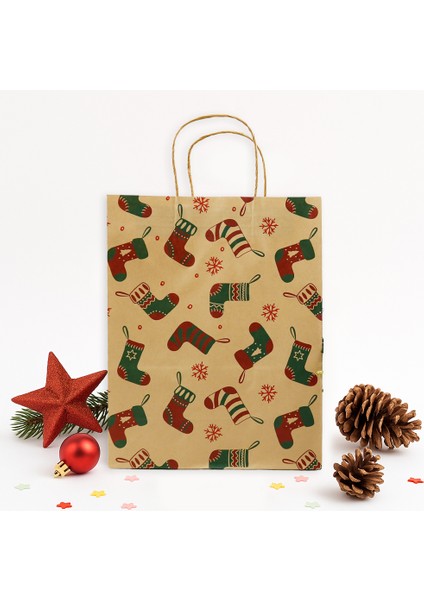 26X33 Yılbaşı Temalı Kraft Hediye Çantası 2 Adet M3 Çorap Model