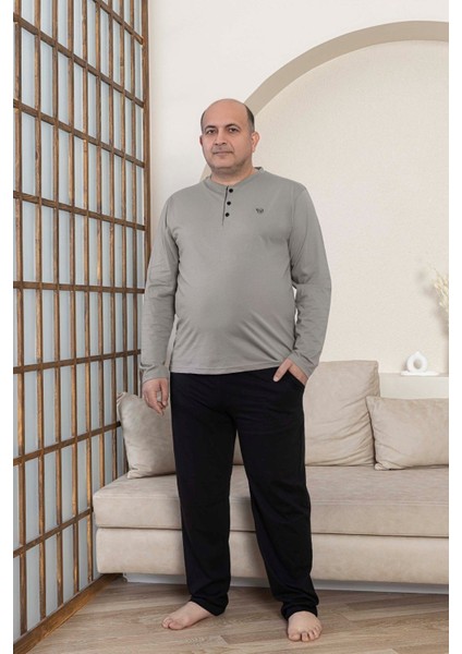 Erkek Büyük Beden 3 Düğmeli %100 Pamuk Mevsimlik Uzun Kollu Cepli Pijama Takımı fırsatları