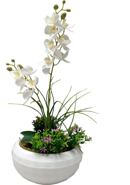 Ikili Beyaz Islak Orkide Aranjmanı Anneler Gününe Özel Yapay Çiçek Beyaz Saksıda 50 Cm.