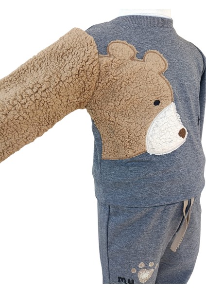 Erkek Çocuk Peluş Ayıcık Baskılı Gri Eşofman Takımı