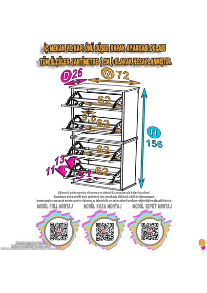 UMAY' 2 Li Asma Antre Hol 72 x 148 x 25,5 cm’ lik 4 Düşer Kapak 8 Bölmeli Ayakkabılık