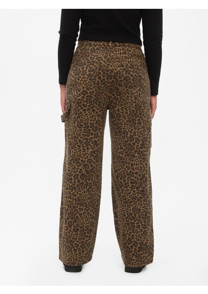 Kadın Kahverengi Mid Rise '90s Loose Leopar Desenli Kargo Jean Pantolon