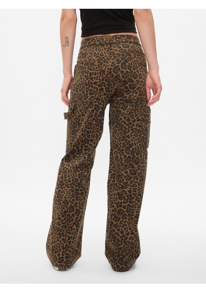 Kadın Kahverengi Mid Rise '90s Loose Leopar Desenli Kargo Jean Pantolon