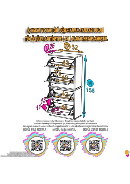 UMAY' 2 Li Asma Antre Hol 52x156x 26 cm’ lik 4 Düşer Kapak 8 Raf Bölmeli Ayakkabılık