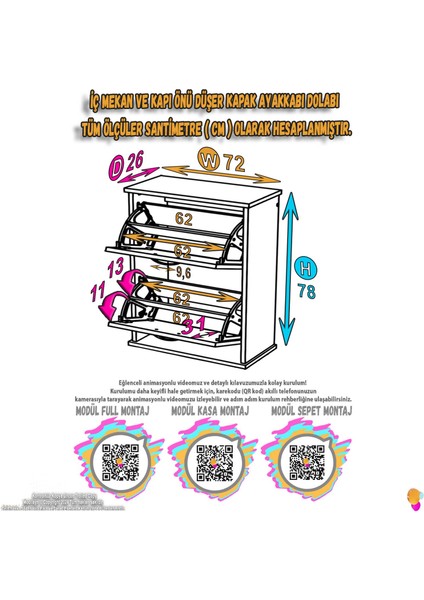 UMAY Asma Kapı Önü 72 x 78 x 25,5 cm’ lik 2 Düşer Kapak 4 Göz Bölmeli Ayakkabılık