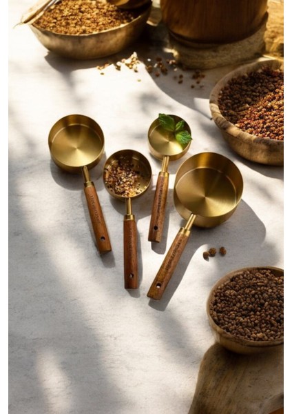 125ML 80ML 60ML 15ML - 4 Adet Farklı Boy Paslanmaz Çelik Ahşap Saplı Ölçü Kaşığı Seti Ölçü Kabı