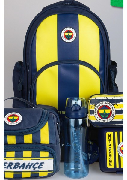 Yeni Sezon Lisanslı Fenerbahçe Full Set Çubuklu Okul,3 Bölmeli Beslenme Çantası ve Kalem Çantası Ile 700 ml Matara,beslenme Kabı