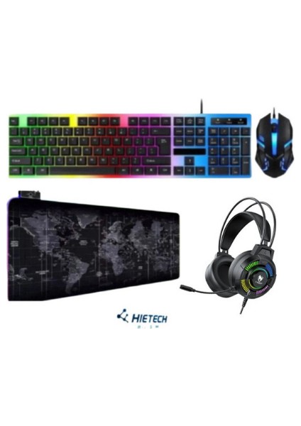 Kablolu USB Gaming Oyuncu Klavye Mouse Set Reinbow + Dünya Desenli Mousepad + Oyuncu Kulaklığı
