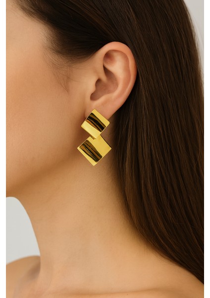 Altın Sarısı Renk Geometrik Tasarım Küpe