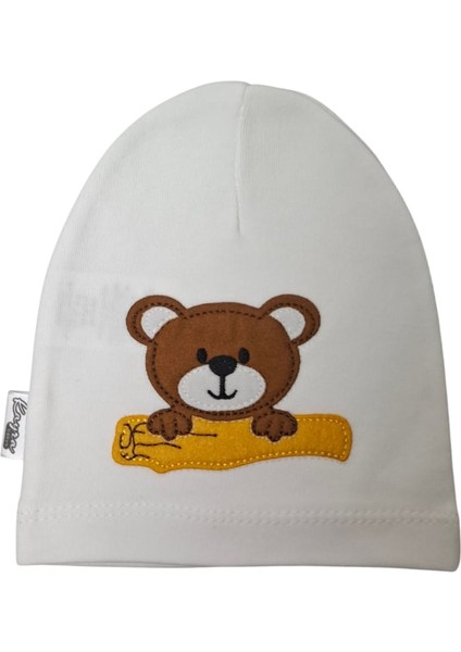 0-2 Yaş Erkek Bebe Krem Renk Ayıcık Figürlü Yazlık Bere