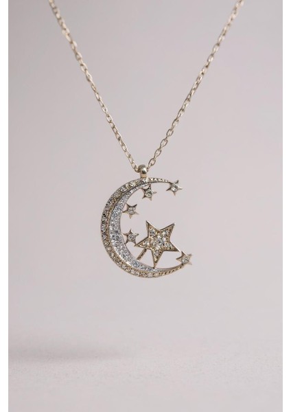 925 Ayar Gümüş Zirkon Taşlı Ay Yıldız Kadın Kolye