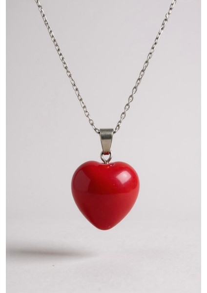 925 Ayar Gümüş Zincirli Pembe Akik Kalp Kadın Kolye (Doğal Taş)