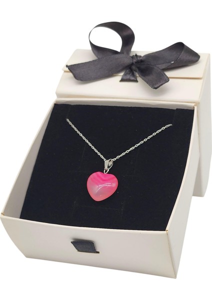 925 Ayar Gümüş Zincirli Pembe Akik Kalp Kadın Kolye (Doğal Taş) modelleri