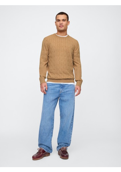 Erkek Kahverengi Cashsoft Cable Örgü Kazak