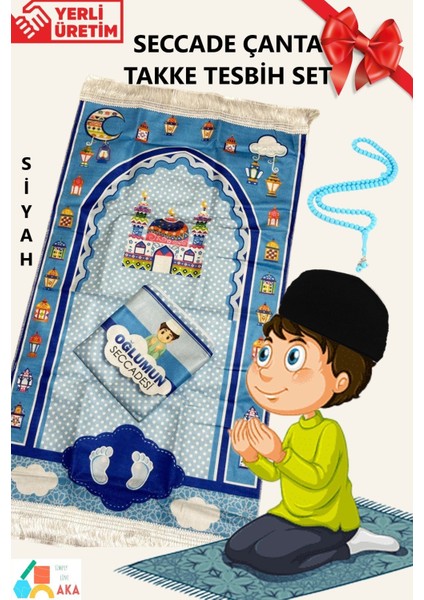 Çocuk Takke Tesbih Seccade Çanta Set Oğlumun Seccadesi Namazlık Namaza Alıştırma Lacivert-Haki-Siyah