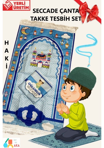 Çocuk Takke Tesbih Seccade Çanta Set Oğlumun Seccadesi Namazlık Namaza Alıştırma Lacivert-Haki-Siyah
