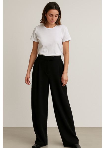 Kadın Palazzo Pantolon Siyah – Yüksek Bel, Likralı, Rahat Kesim, Şık Ofis & Günlük Kombin