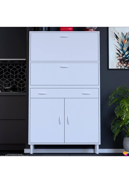 Vio (90X163,4X32,5 Cm) Yeni Çekmeceli, Kapaklı, Ekmeklikli, Çok Amaçlı Mutfak Dolabı.