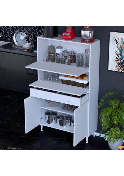 Vio (90X163,4X32,5 Cm) Yeni Çekmeceli, Kapaklı, Ekmeklikli, Çok Amaçlı Mutfak Dolabı. modelleri