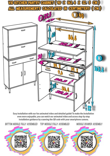 Vio (90X163,4X32,5 Cm) Yeni Çekmeceli, Kapaklı, Ekmeklikli, Çok Amaçlı Mutfak Dolabı. indirimleri