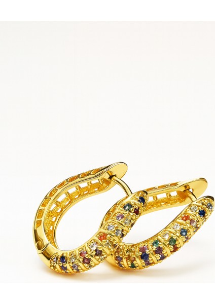 Renkli Zirkon Taşlı Altın Sarısı Çelik Halka Küpe