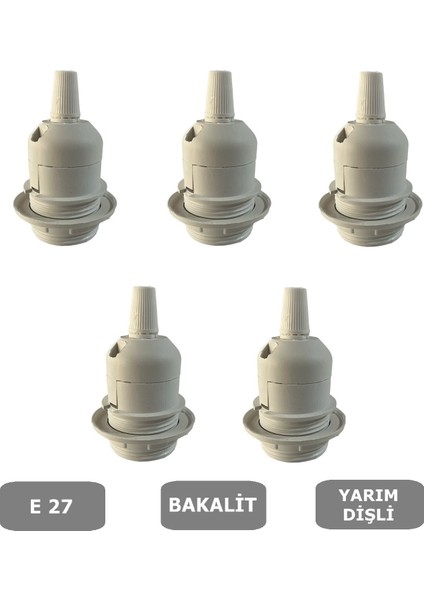 İtalyan Tip E27 Tam Dişli Duy Vidasız Geçmeli Bakalit Beyaz (250V-4A) 5 Adet