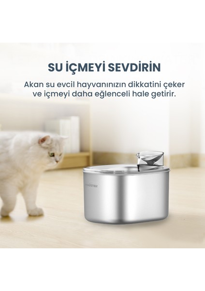 WF007L Metal Otomatik Kedi Su Sebili, Su Pınarı, 3.5lt Geniş Hazne, SUS304 Çelik, Ultra Sessiz