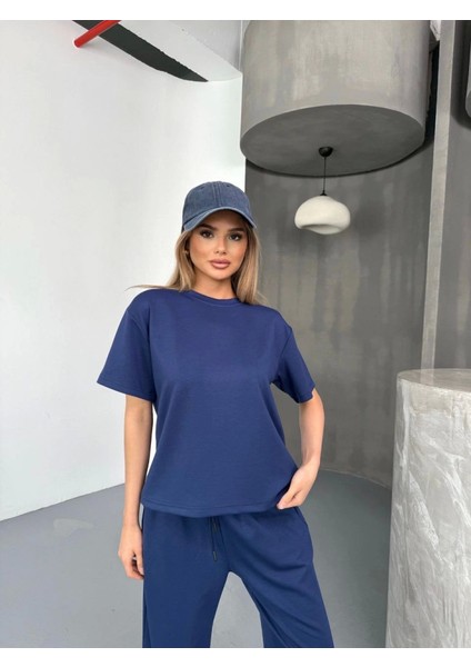 Osy Modal Yumuşak Dokulu Kumaş Kısa Kollu Bluz Rahat Pantalon Ikili Takım- Lacivert