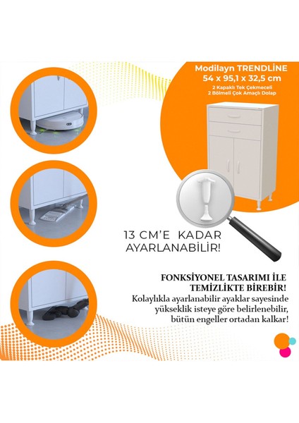 Trendline 54 x 95,1 x 32,5 cm 2 Kapaklı 2 Çekmeceli 2 Bölmeli Çok Amaçlı Dolap