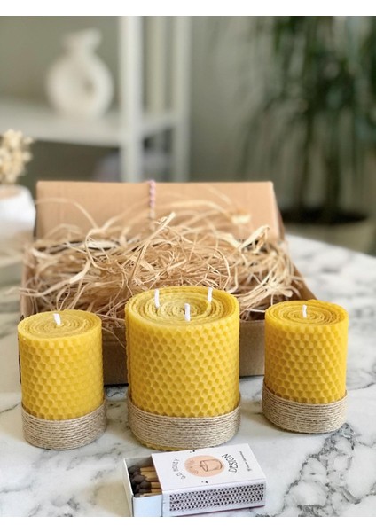 1 Adet Üç Ipli Bal Mum ve 2 Adet Bal Mum , %100 Doğal El Yapımı Bal Kokulu Mum , Kibrit Hediyelidir