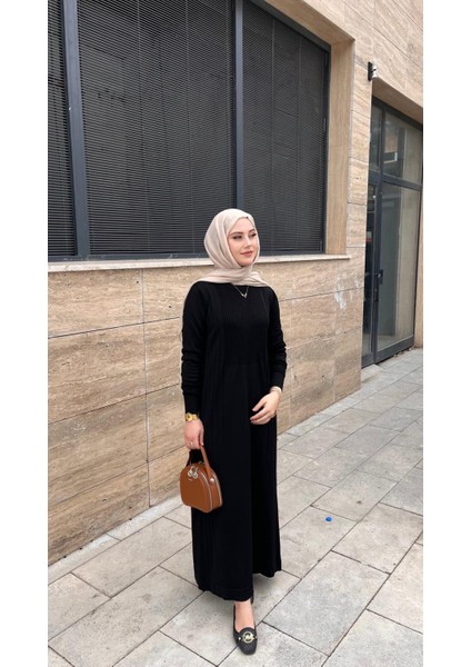 509 Desenli Triko Elbise Siyah