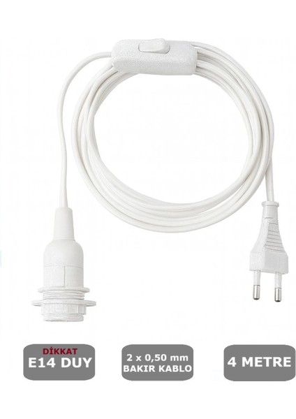 E14 Duylu 4 Metre Arapuarlı (AÇ KAPAT ANAHTAR) Fişli Seyyar (2X0,50) (BEYAZ)