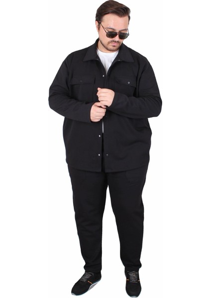 Erkek Büyük Beden Çift Cep Kapaklı Eşofman Takım TK25605 Sıyah