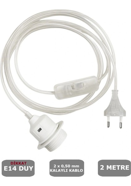 Şeffaf Kablo, E14 Beyaz Duylu, 2 Metre Arapuarlı (Aç Kapat Anahtar) (2X0,50)