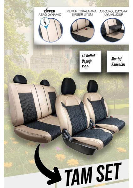 Fiat Egea Easy Stil Uyumlu Oto Koltuk Kılıfı Deri, Kumaş Premium Bej Siyah fiyatları