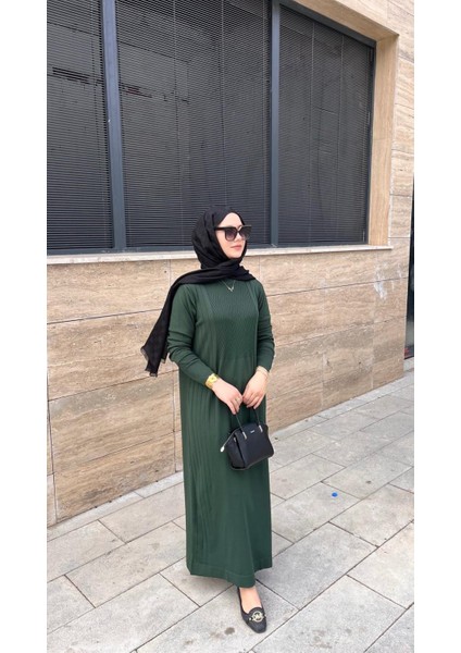 509 Desenli Triko Elbise Zümrüt