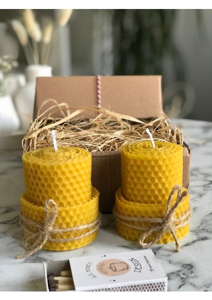 2 Adet Küçük Boy Sarma Bal Mum , Hasır Iple Süslenmiş , %100 Doğal El Yapımı Bal Kokulu Mum , Kibrit Hediyelidir